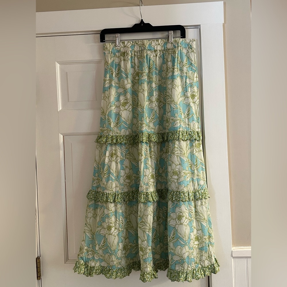 Olivia James Floral Green and Blue Tiered Skirt, Size S, NWT